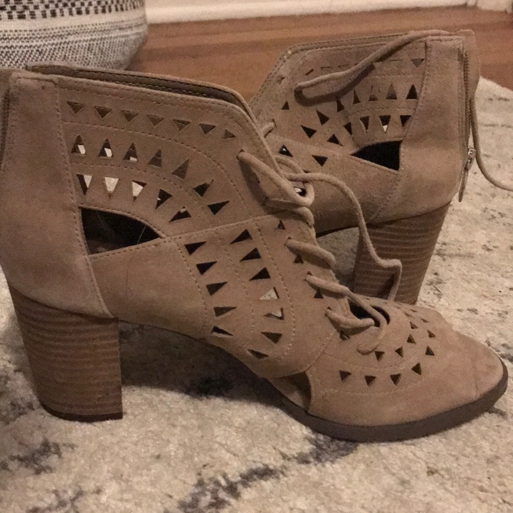 vince camuto lace up open toe bootie